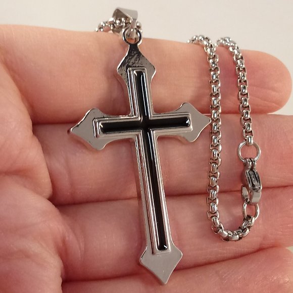 Other - Mens Silver Stainless Steel Black Crucifix Cross Pendant Rolo Chain Necklace 24"